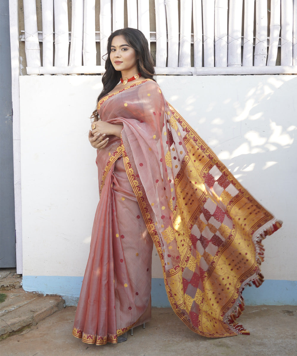 Women peach  assam silk weaving wedding wear saree main image 1