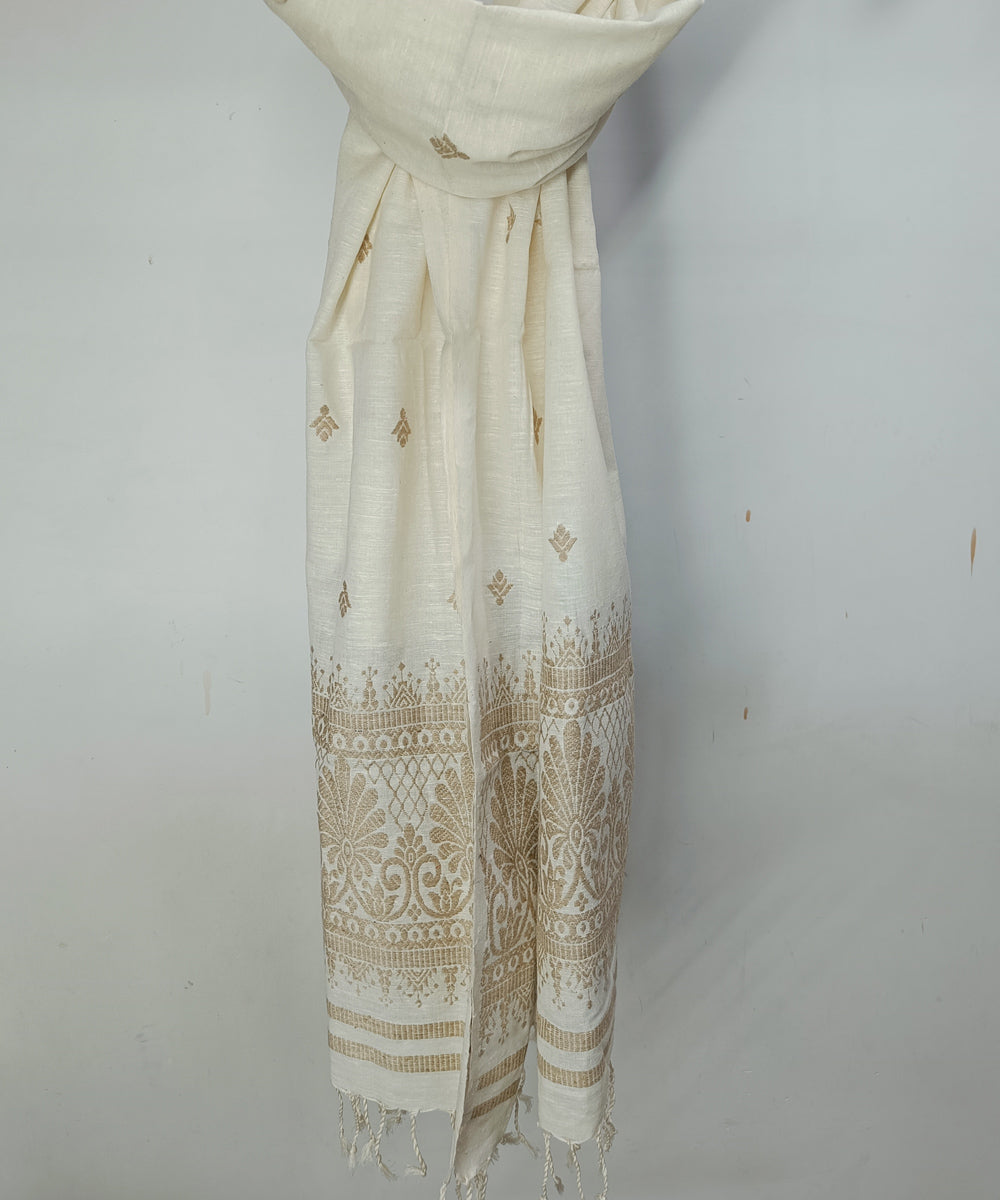 Cream brown buti handloom eri silk assam stole  GoSwadeshi