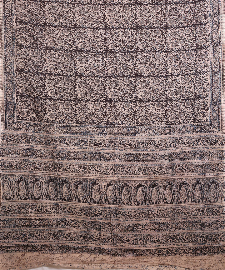 Blue multicolor hand block printed kalamkari cotton saree