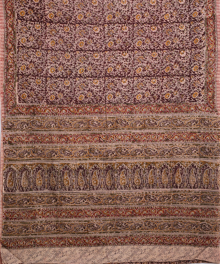 Multicolor red hand block print kalamkari cotton saree