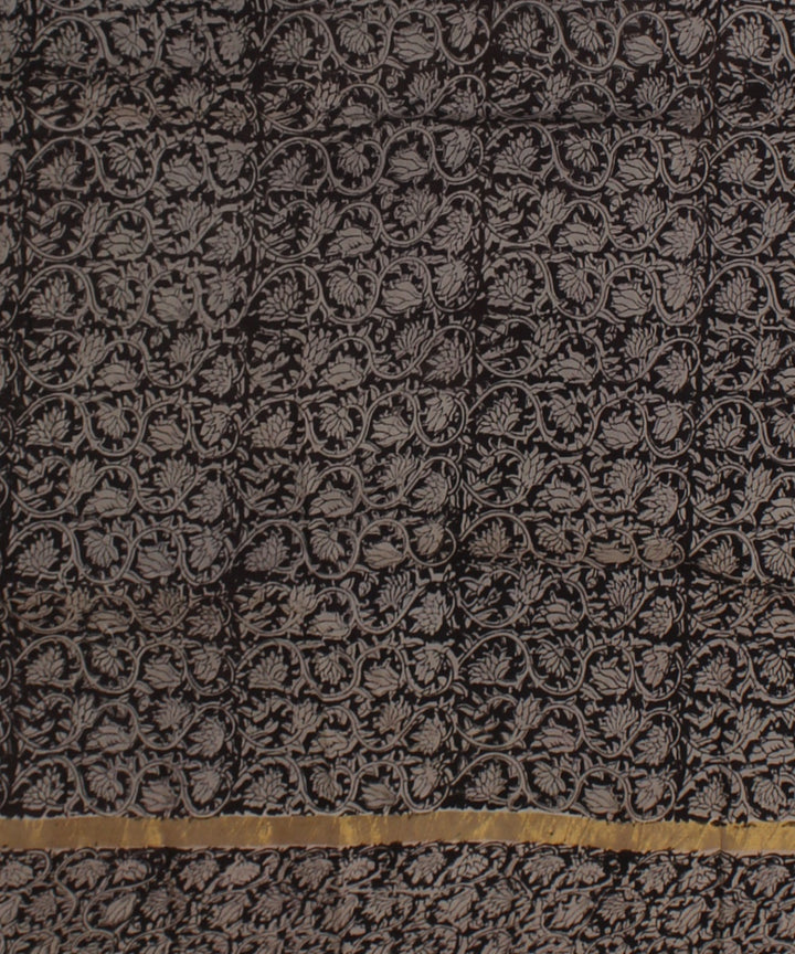 Grey black block printed kalamkari art silk saree