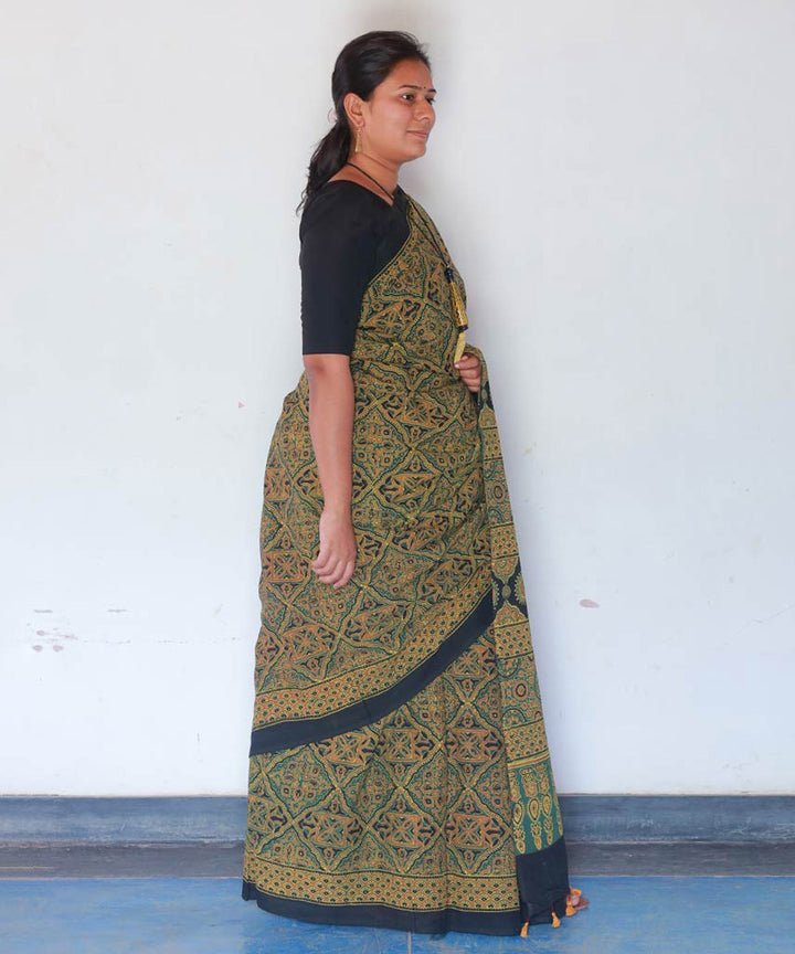 Mustard green cotton block print ajrakh saree