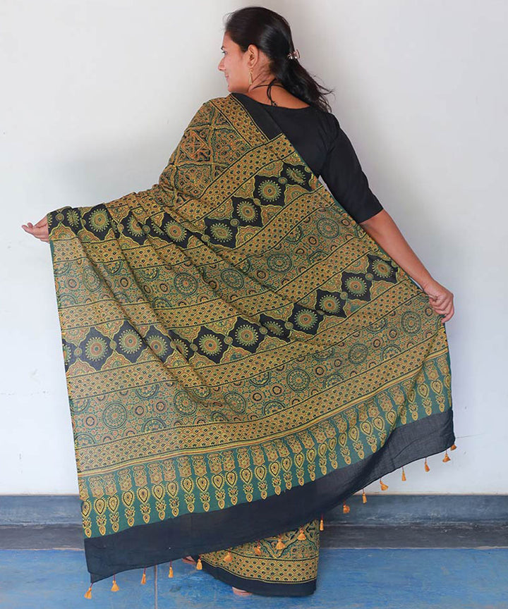 Mustard green cotton block print ajrakh saree