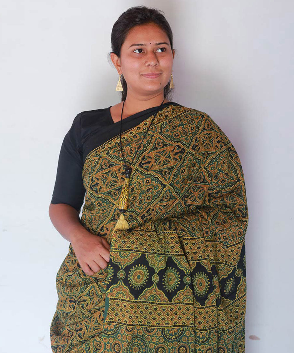 Mustard green cotton block print ajrakh saree