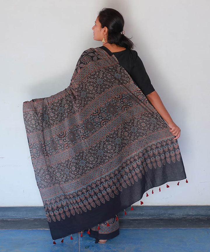 Indigo and black cotton block printed ajrakh saree