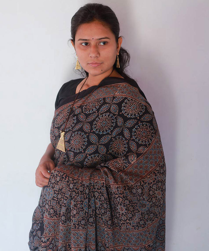 Indigo and black cotton block printed ajrakh saree