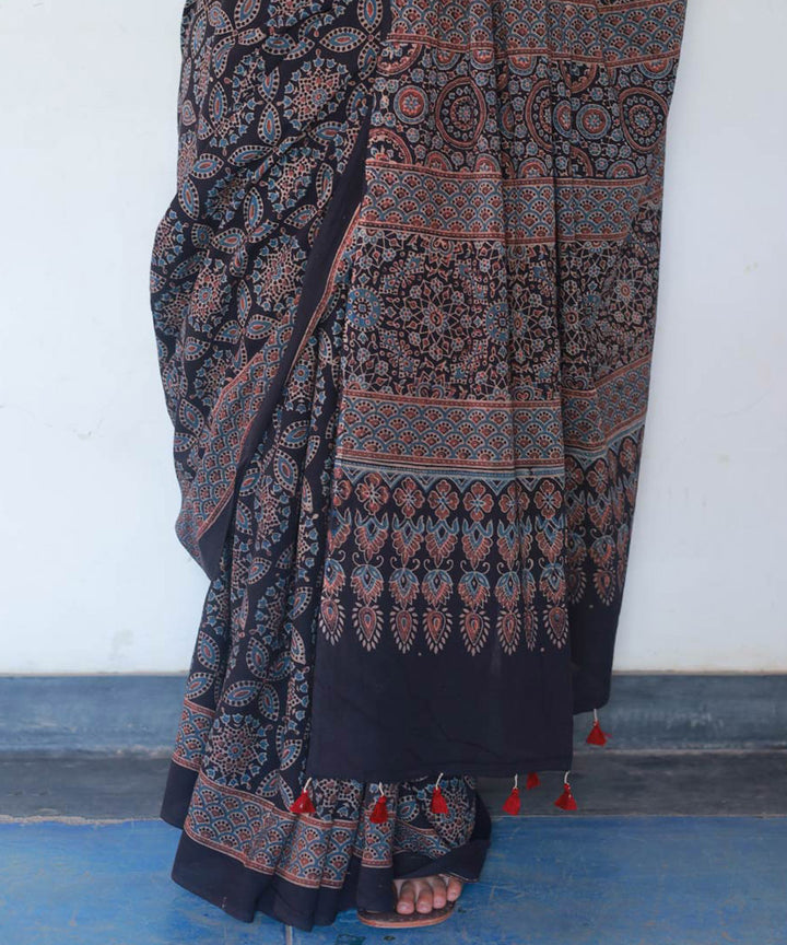 Indigo and black cotton block printed ajrakh saree