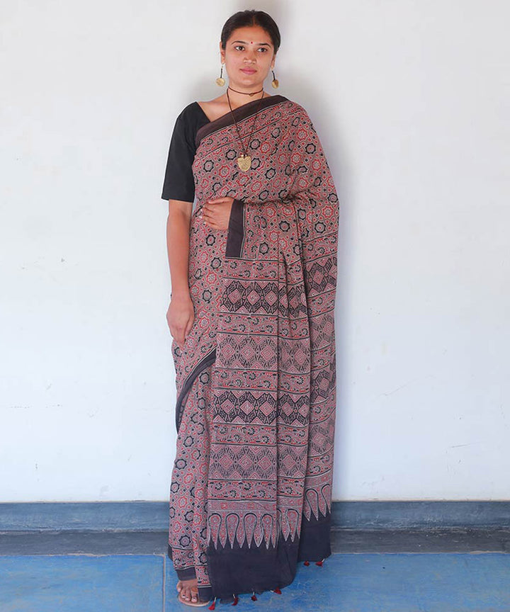 Red black cotton handblock printed ajrakh saree