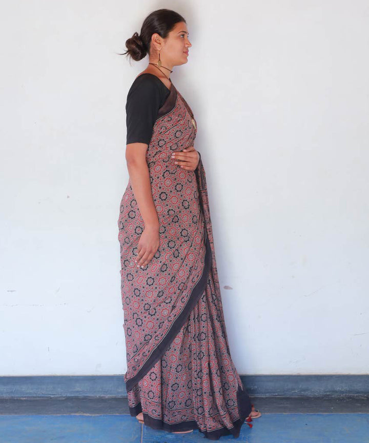 Red black cotton handblock printed ajrakh saree