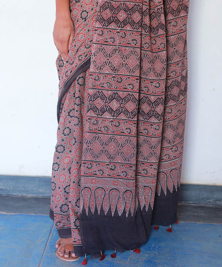 Red black cotton handblock printed ajrakh saree
