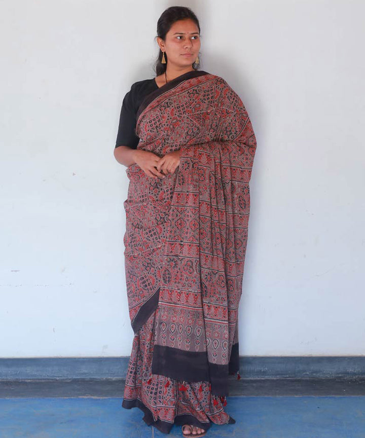 Red black cotton block print ajrakh saree