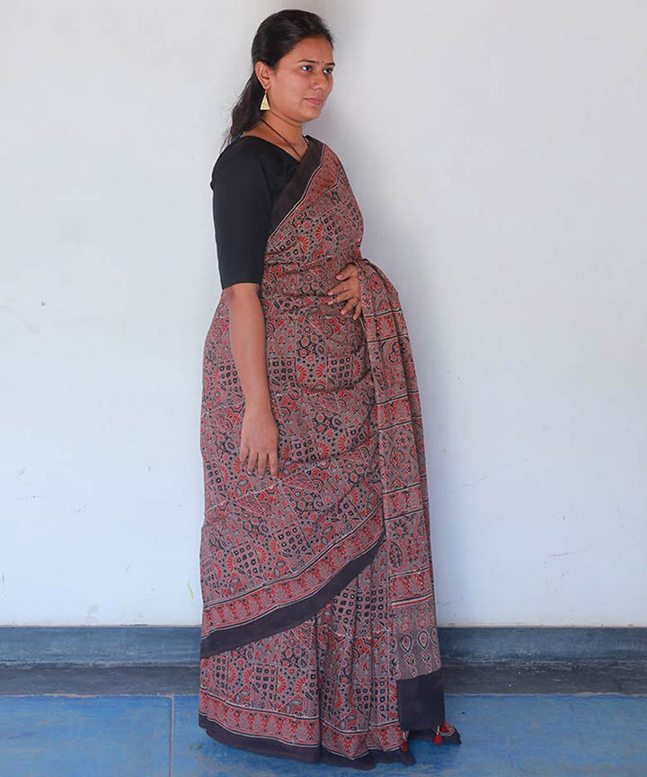 Red black cotton block print ajrakh saree