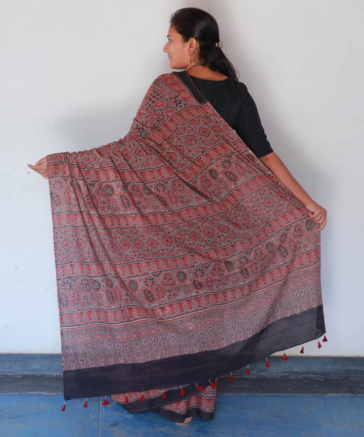 Red black cotton block print ajrakh saree