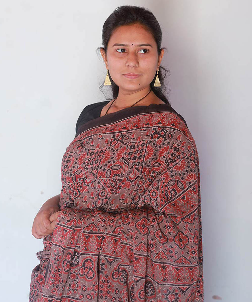 Red black cotton block print ajrakh saree