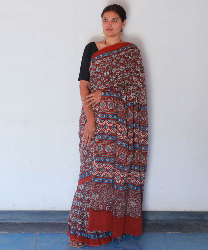 Red indigo cotton block print ajrakh saree
