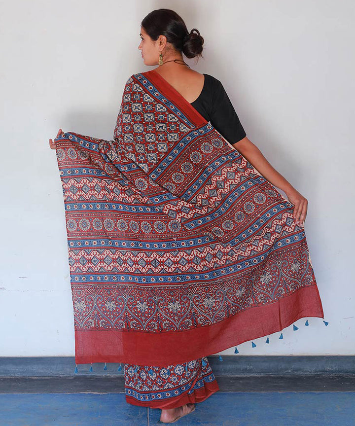 Red indigo cotton block print ajrakh saree