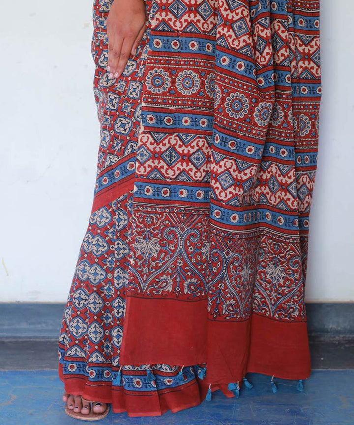 Red indigo cotton block print ajrakh saree