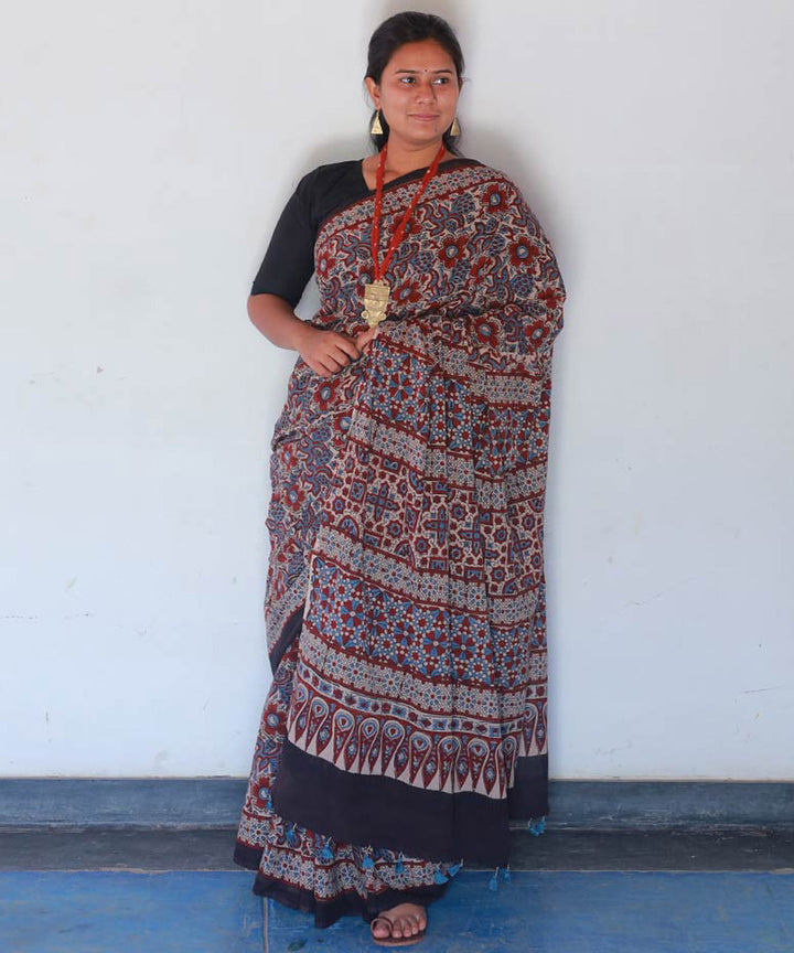 Red and indigo cotton block print ajrakh saree