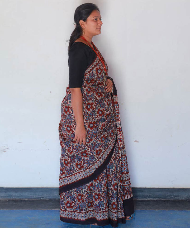 Red and indigo cotton block print ajrakh saree