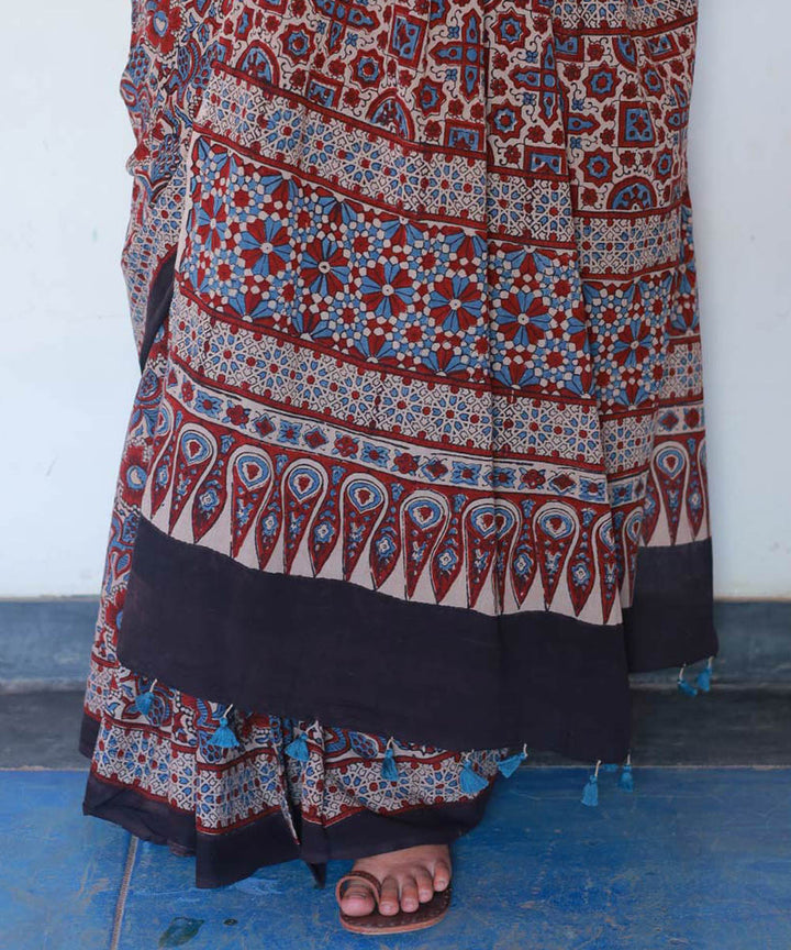 Red and indigo cotton block print ajrakh saree