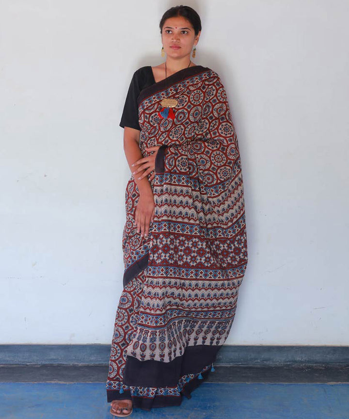 Red and indigo cotton handblock print ajrakh saree