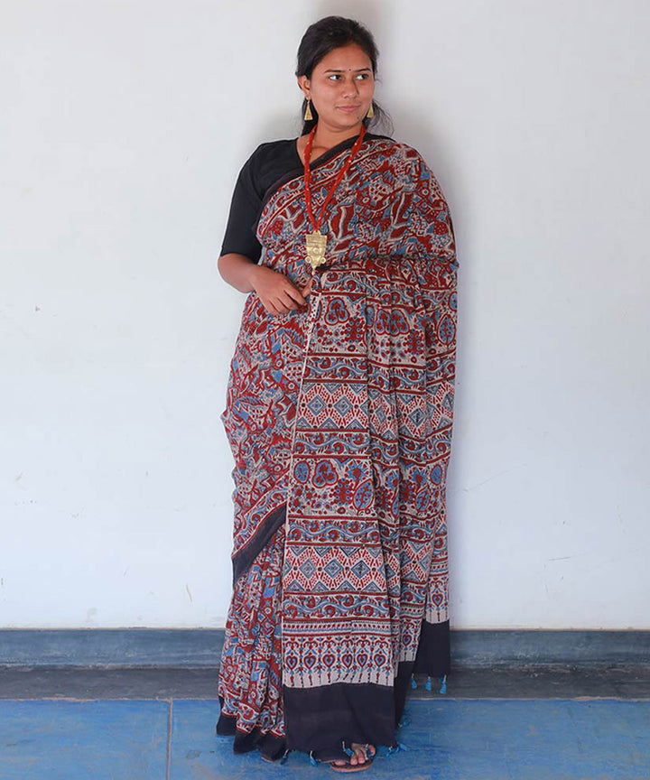 Red and indigo cotton hand block print ajrakh saree