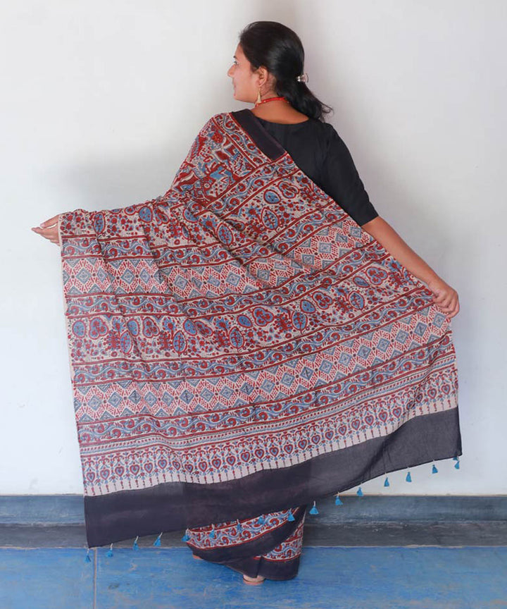 Red and indigo cotton hand block print ajrakh saree