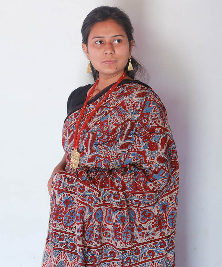 Red and indigo cotton hand block print ajrakh saree