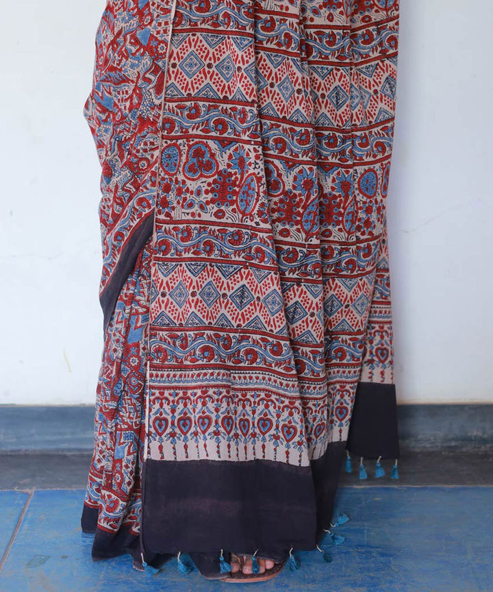Red and indigo cotton hand block print ajrakh saree