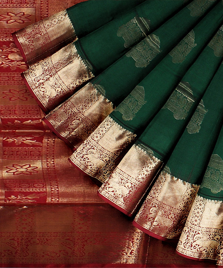 Dark green red pallu handloom karnataka silk saree