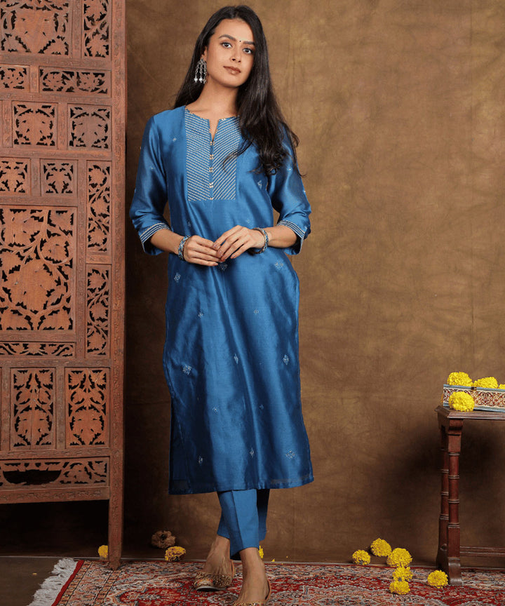 Blue handwoven cotton silk chanderi kurta set