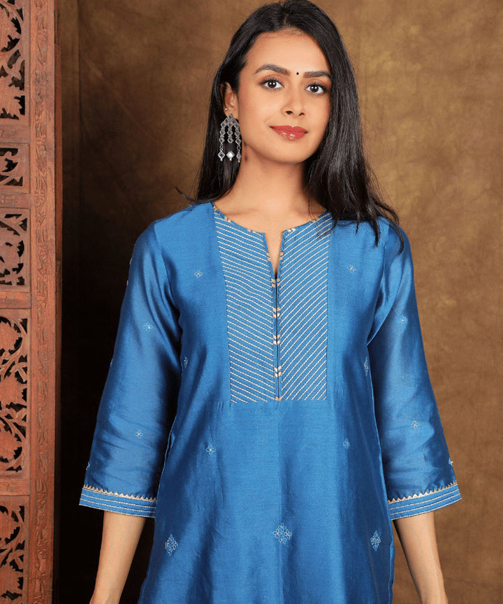 Blue handwoven cotton silk chanderi kurta set