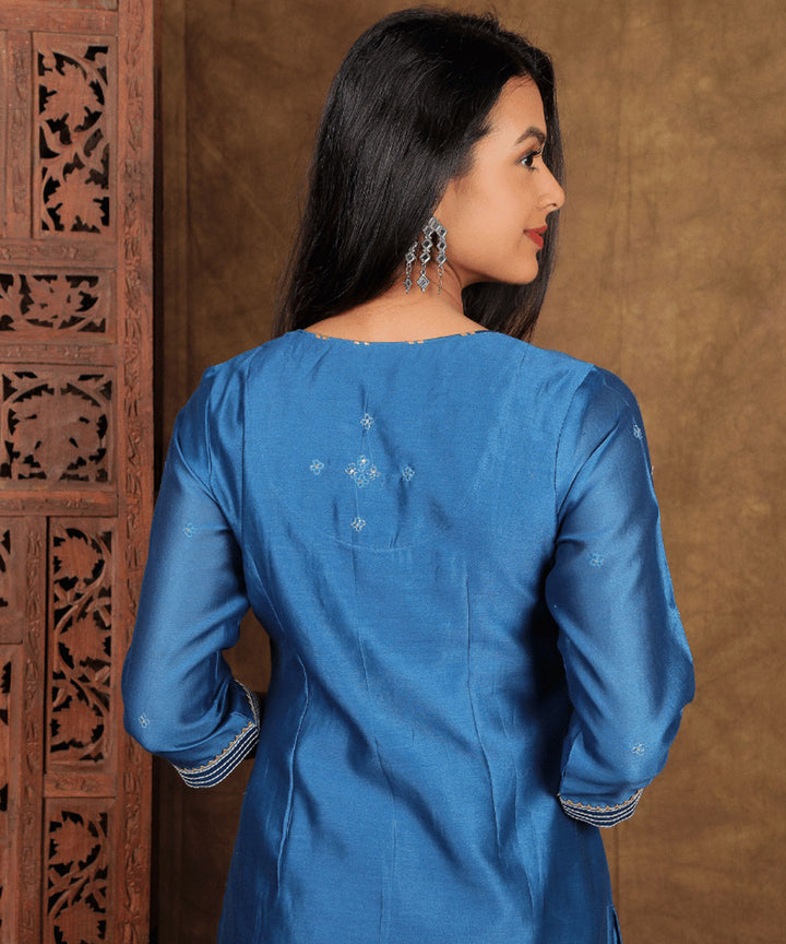 Blue handwoven cotton silk chanderi kurta set