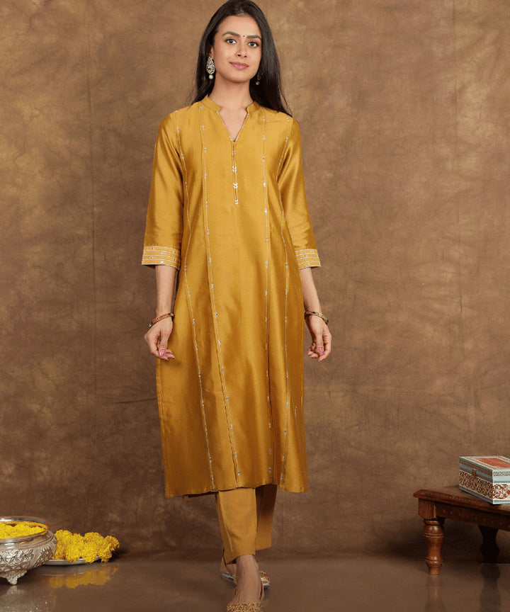 Yellow handwoven chanderi cotton silk kurta set