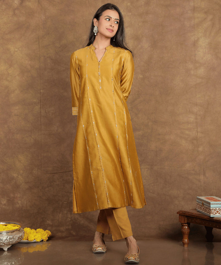 Yellow handwoven chanderi cotton silk kurta set