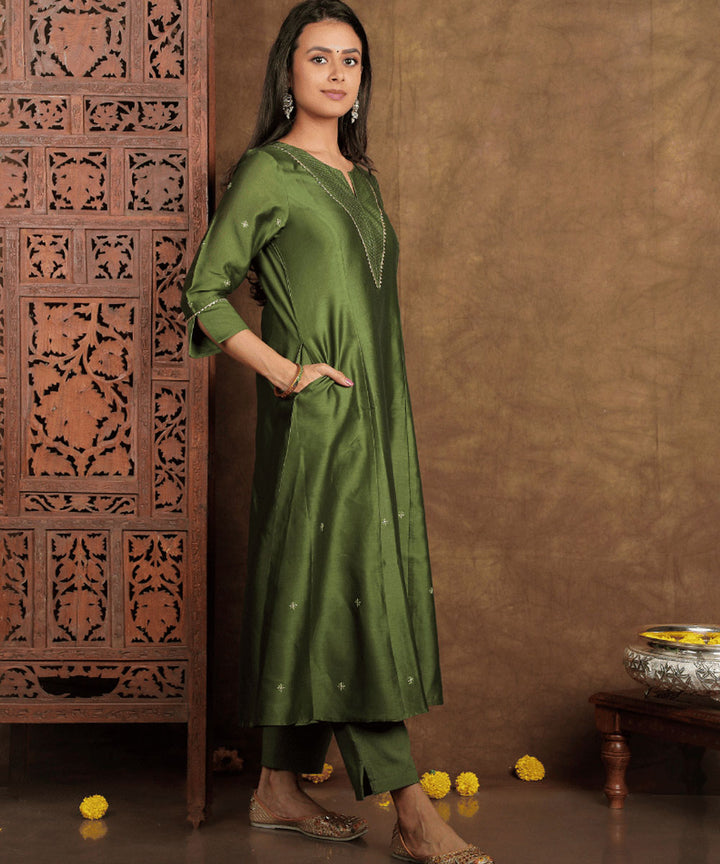 Green handwoven cotton silk chanderi kurta set