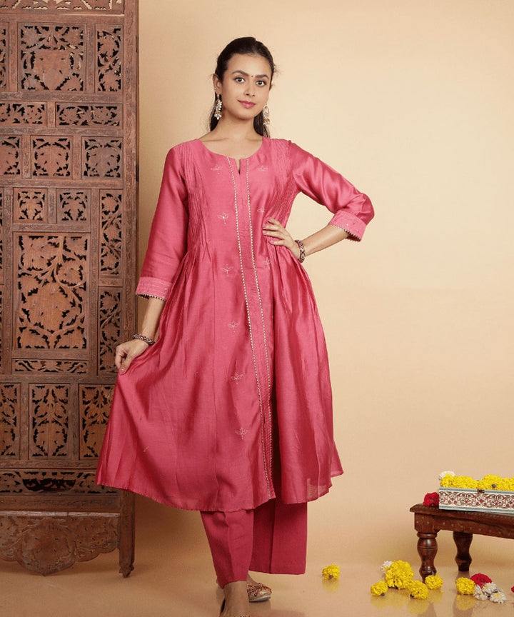 Pink handwoven cotton silk chanderi kurta set