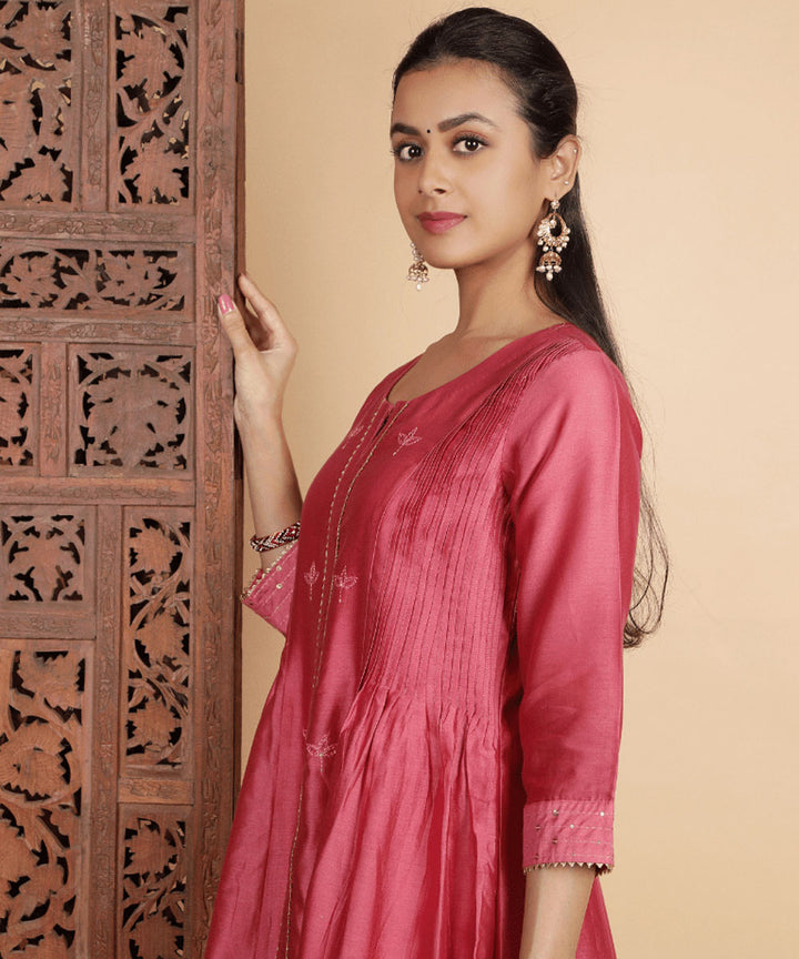 Pink handwoven cotton silk chanderi kurta set