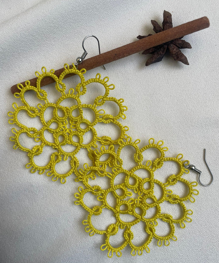 Yellow handmade tatting cotton earring