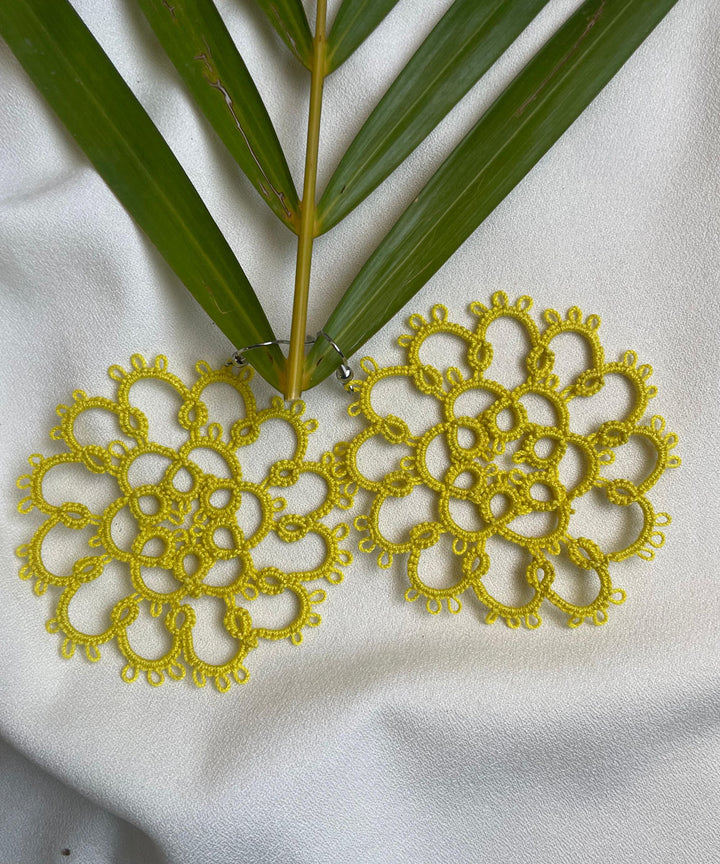 Yellow handmade tatting cotton earring