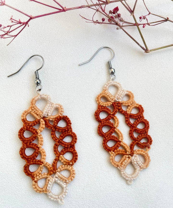 Brown white handmade cotton tatting earring