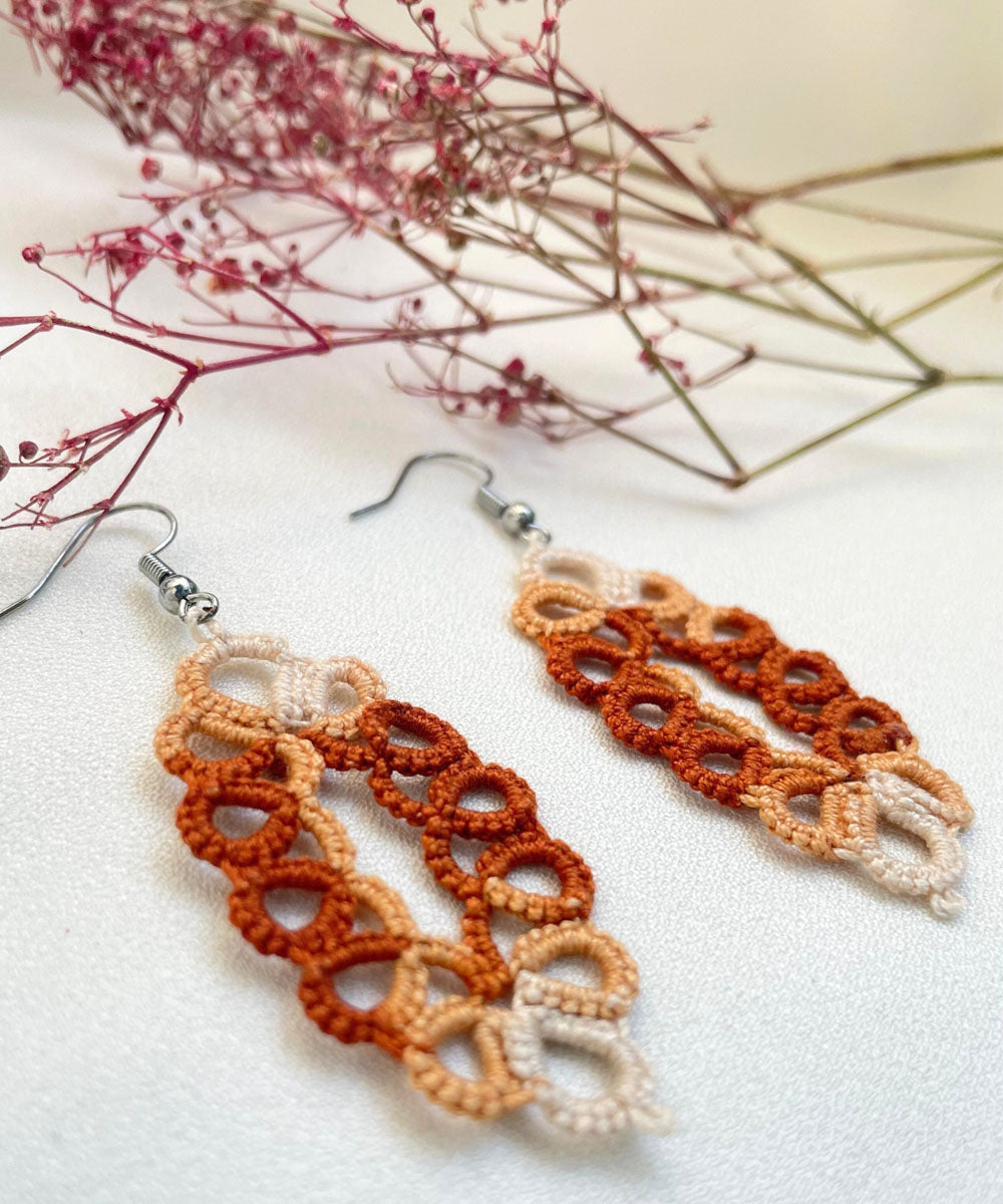 Brown white handmade cotton tatting earring