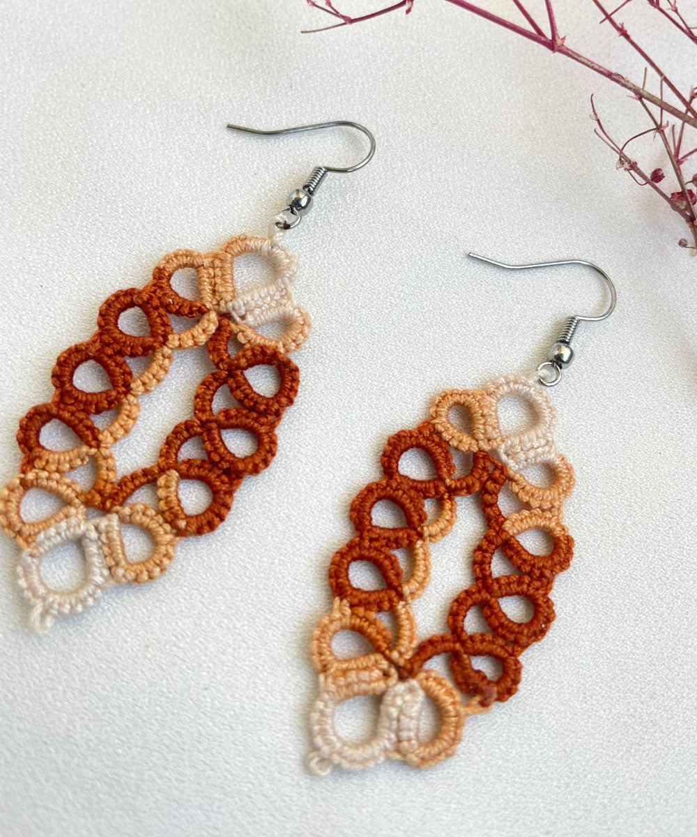Brown white handmade cotton tatting earring