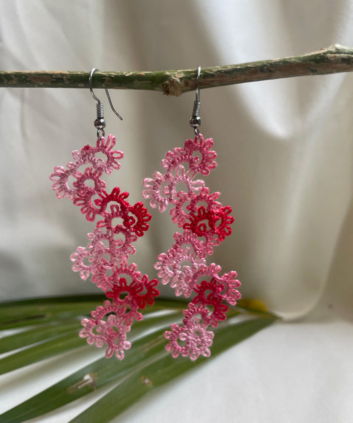 Pink red handmade tatting cotton earring