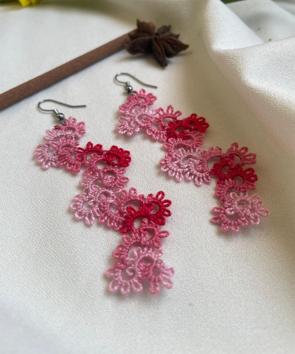 Pink red handmade tatting cotton earring