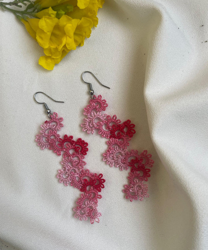 Pink red handmade tatting cotton earring