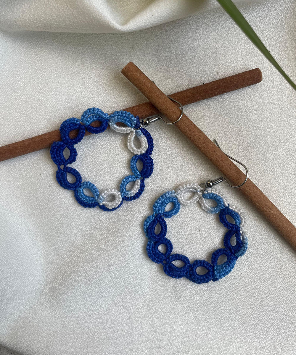 Navy blue white tatting handmade cotton earring