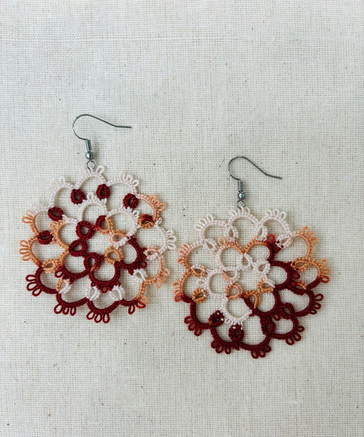 Brown white handmade tatting cotton earring