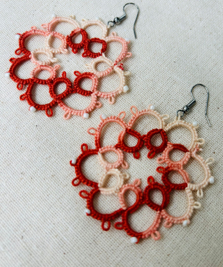 Red white handmade tatting cotton earring