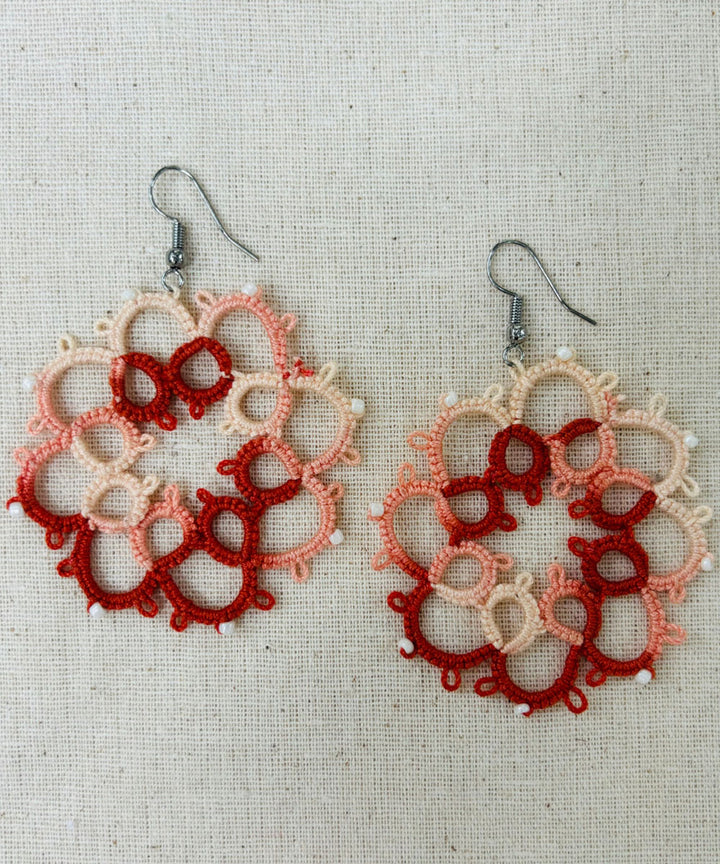 Red white handmade tatting cotton earring